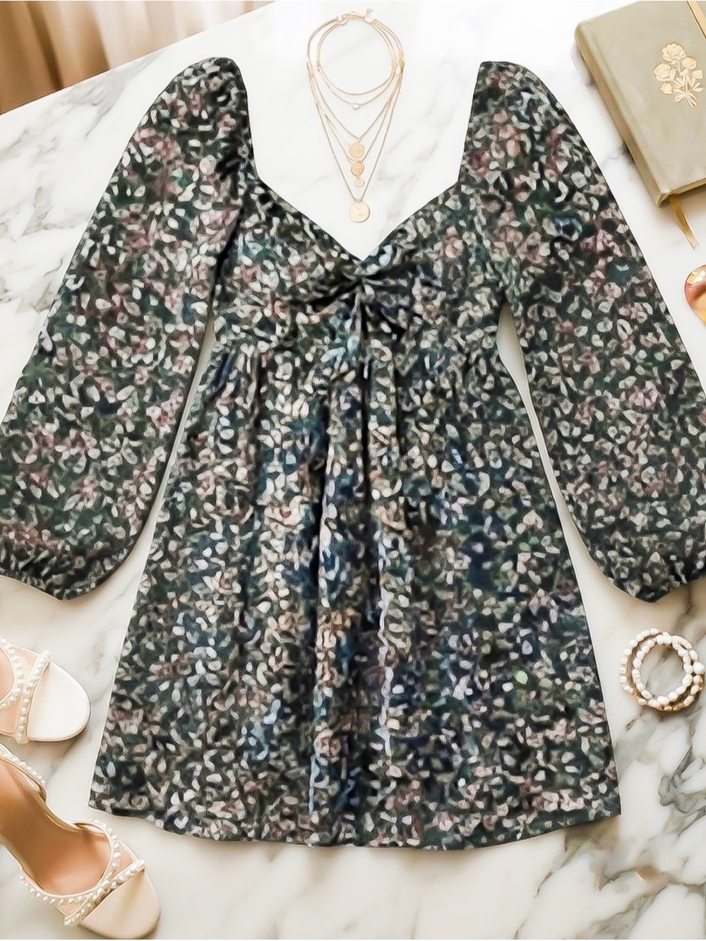 Floral Long-Sleeve Tie-Front Dress - Green